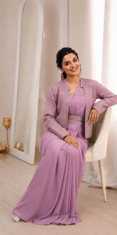 BB 72 Lavender Crap Silk Saree with Sequins Work & Embroidery Work. Festive Deal ₹2399. Delivery 4-6 Working Days. Shop now. | Designer Sarees, Modern Digital sarees, Sarees, Bollywood Sarees, Creative Sarees, Embroidered Sarees, Ethnic Saree, Party Wear Sarees