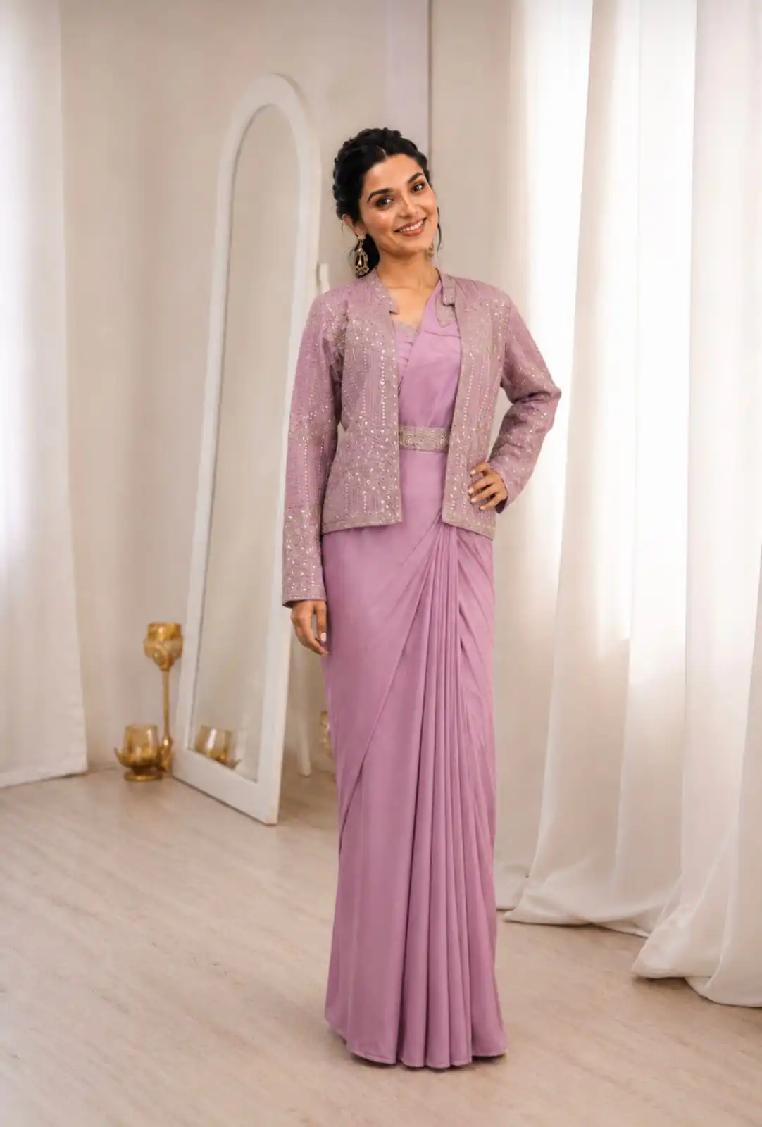 BB 72 Lavender Crap Silk Saree with Sequins Work & Embroidery Work. Festive Deal ₹2399. Delivery 4-6 Working Days. Shop now. | Designer Sarees, Modern Digital sarees, Sarees, Bollywood Sarees, Creative Sarees, Embroidered Sarees, Ethnic Saree, Party Wear Sarees