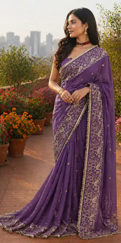 BT 446 Lavender Star Georgette Saree with Lace Work & Embroidery Work. Festive Deal ₹1799. Delivery 4-6 Working Days. Shop now. | Designer Sarees, Modern Digital sarees, Sarees, Bollywood Sarees, Creative Sarees, Embroidered Sarees, Ethnic Saree, Party Wear Sarees