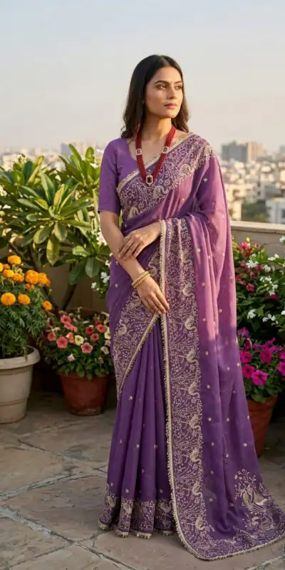 BT 446 Lavender Star Georgette Saree with Lace Work & Embroidery Work. Festive Deal ₹1799. Delivery 4-6 Working Days. Shop now. | Designer Sarees, Modern Digital sarees, Sarees, Bollywood Sarees, Creative Sarees, Embroidered Sarees, Ethnic Saree, Party Wear Sarees