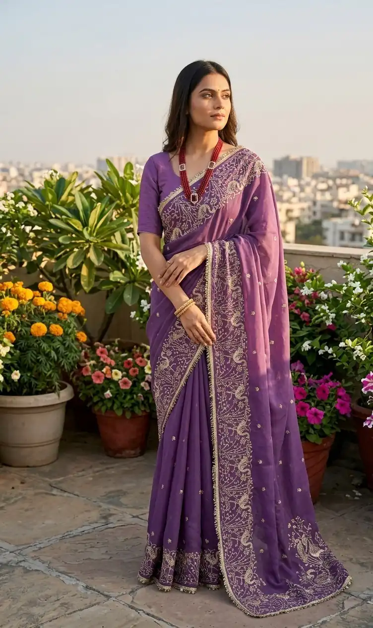 BT 446 Lavender Star Georgette Saree with Lace Work & Embroidery Work. Festive Deal ₹1799. Delivery 4-6 Working Days. Shop now. | Designer Sarees, Modern Digital sarees, Sarees, Bollywood Sarees, Creative Sarees, Embroidered Sarees, Ethnic Saree, Party Wear Sarees