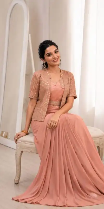 BB 72 Peach Crap Silk Saree with Sequins Work & Embroidery Work. Festive Deal ₹2399. Delivery 4-6 Working Days. Shop now. | Designer Sarees, Modern Digital sarees, Sarees, Bollywood Sarees, Creative Sarees, Embroidered Sarees, Ethnic Saree, Party Wear Sarees