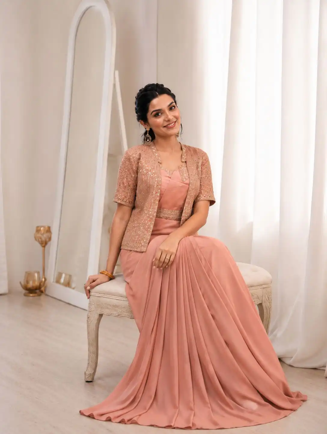 BB 72 Peach Crap Silk Saree with Sequins Work & Embroidery Work. Festive Deal ₹2399. Delivery 4-6 Working Days. Shop now. | Designer Sarees, Modern Digital sarees, Sarees, Bollywood Sarees, Creative Sarees, Embroidered Sarees, Ethnic Saree, Party Wear Sarees