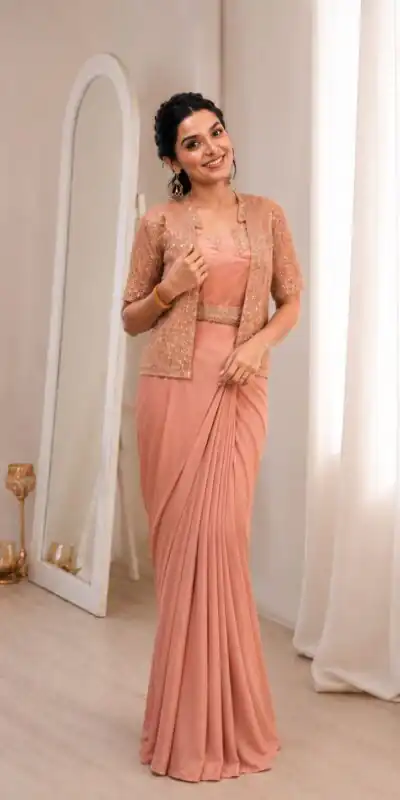 BB 72 Peach Crap Silk Saree with Sequins Work & Embroidery Work. Festive Deal ₹2399. Delivery 4-6 Working Days. Shop now. | Designer Sarees, Modern Digital sarees, Sarees, Bollywood Sarees, Creative Sarees, Embroidered Sarees, Ethnic Saree, Party Wear Sarees