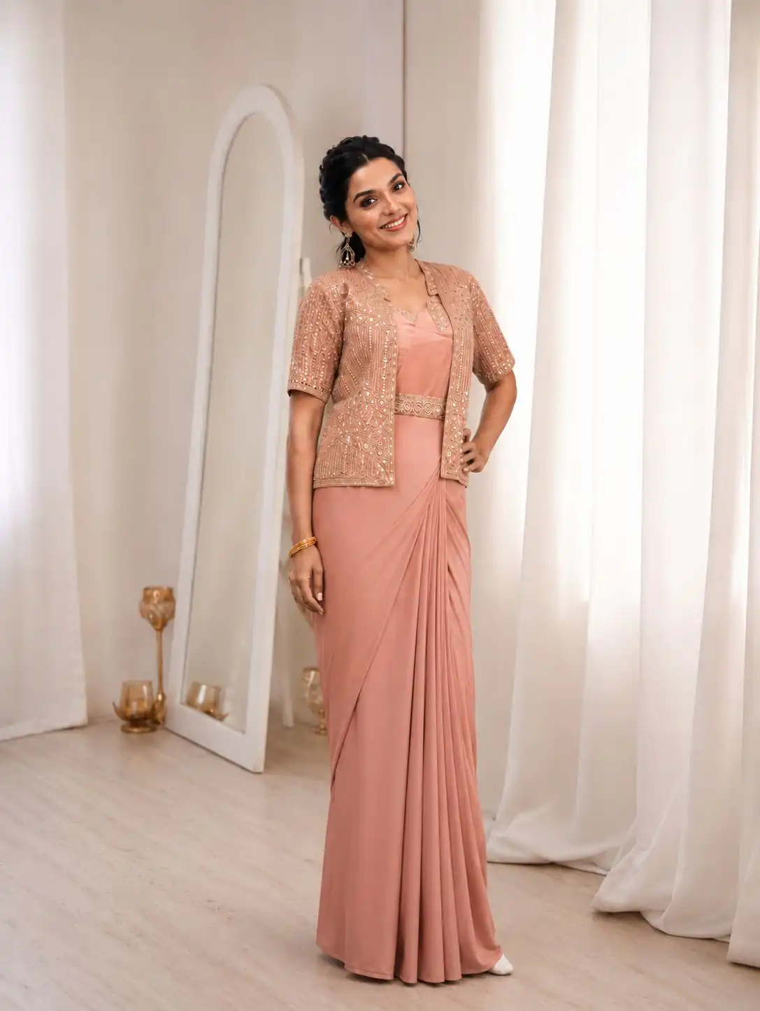 BB 72 Peach Crap Silk Saree with Sequins Work & Embroidery Work. Festive Deal ₹2399. Delivery 4-6 Working Days. Shop now. | Designer Sarees, Modern Digital sarees, Sarees, Bollywood Sarees, Creative Sarees, Embroidered Sarees, Ethnic Saree, Party Wear Sarees