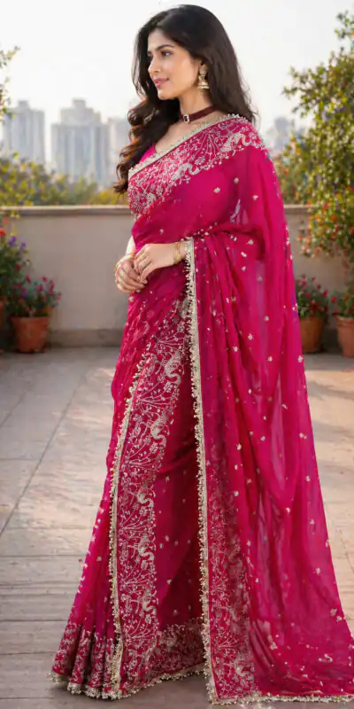 BT 446 Pink Star Georgette Saree with Lace Work & Embroidery Work. Festive Deal ₹1799. Delivery 4-6 Working Days. Shop now. | Designer Sarees, Modern Digital sarees, Sarees, Bollywood Sarees, Creative Sarees, Embroidered Sarees, Ethnic Saree, Party Wear Sarees