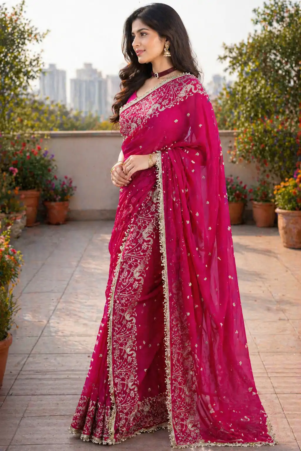 BT 446 Pink Star Georgette Saree with Lace Work & Embroidery Work. Festive Deal ₹1799. Delivery 4-6 Working Days. Shop now. | Designer Sarees, Modern Digital sarees, Sarees, Bollywood Sarees, Creative Sarees, Embroidered Sarees, Ethnic Saree, Party Wear Sarees