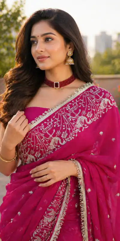 BT 446 Pink Star Georgette Saree with Lace Work & Embroidery Work. Festive Deal ₹1799. Delivery 4-6 Working Days. Shop now. | Designer Sarees, Modern Digital sarees, Sarees, Bollywood Sarees, Creative Sarees, Embroidered Sarees, Ethnic Saree, Party Wear Sarees