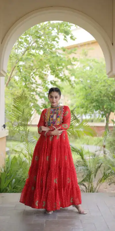 KA 1267 Red in Colour Faux Georgette Bandhani Print Work Gown. Available at ₹1919 only. Delivery 4-6 Working Days. Shop now. | Gowns, Bollywood Gowns, Creative Gowns, Designer Gowns, Embroidered Gowns, Party Wear Gowns