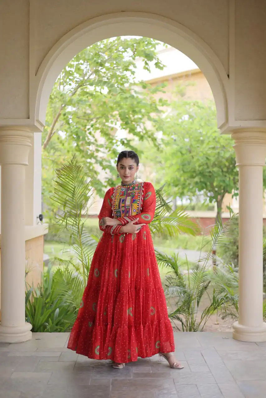 KA 1267 Red in Colour Faux Georgette Bandhani Print Work Gown. Available at ₹1919 only. Delivery 4-6 Working Days. Shop now. | Gowns, Bollywood Gowns, Creative Gowns, Designer Gowns, Embroidered Gowns, Party Wear Gowns