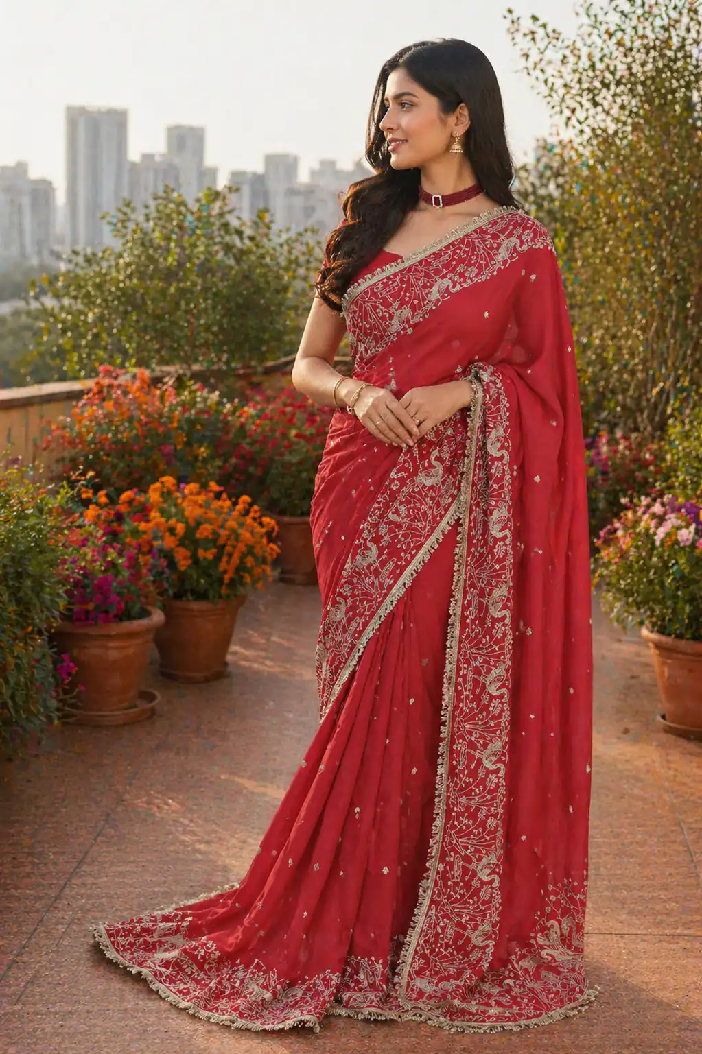 BT 446 Red Star Georgette Saree with Lace Work & Embroidery Work. Festive Deal ₹1799. Delivery 4-6 Working Days. Shop now. | Designer Sarees, Modern Digital sarees, Sarees, Bollywood Sarees, Creative Sarees, Embroidered Sarees, Ethnic Saree, Party Wear Sarees