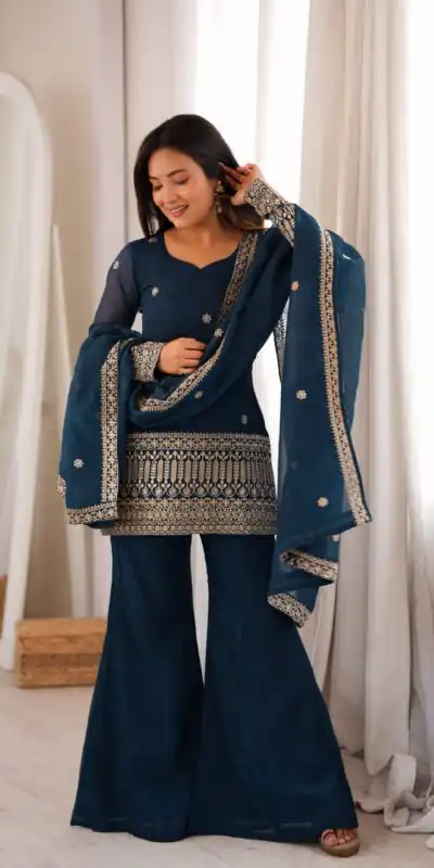 KB 309 Teal Blue | Teal Blue Crunchy Silk Salwar Suit with Sequins Work & Embroidery Work. Grab it for ₹2049. Delivery 4-6 Working Days. Shop now. | Jump Suits, Salwar suit, Casual Suits, Creative suits, Designer Suits, Palazzo Suits, Party Wear Suits, Patiala Suits, Straight Suits