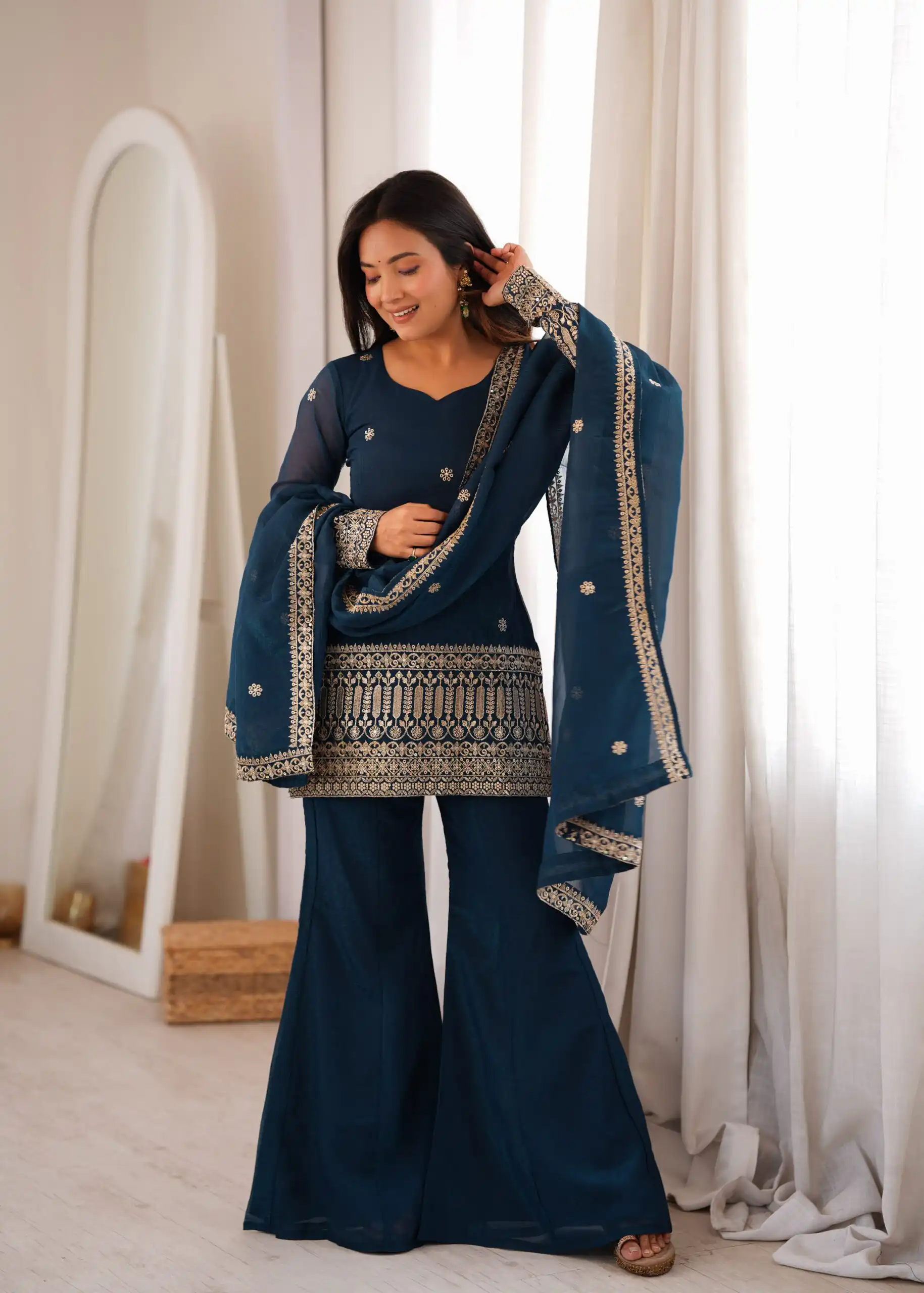 KB 309 Teal Blue | Teal Blue Crunchy Silk Salwar Suit with Sequins Work & Embroidery Work. Grab it for ₹2049. Delivery 4-6 Working Days. Shop now. | Jump Suits, Salwar suit, Casual Suits, Creative suits, Designer Suits, Palazzo Suits, Party Wear Suits, Patiala Suits, Straight Suits