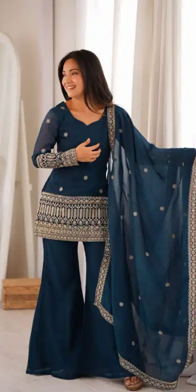 KB 309 Teal Blue | Teal Blue Crunchy Silk Salwar Suit with Sequins Work & Embroidery Work. Grab it for ₹2049. Delivery 4-6 Working Days. Shop now. | Jump Suits, Salwar suit, Casual Suits, Creative suits, Designer Suits, Palazzo Suits, Party Wear Suits, Patiala Suits, Straight Suits