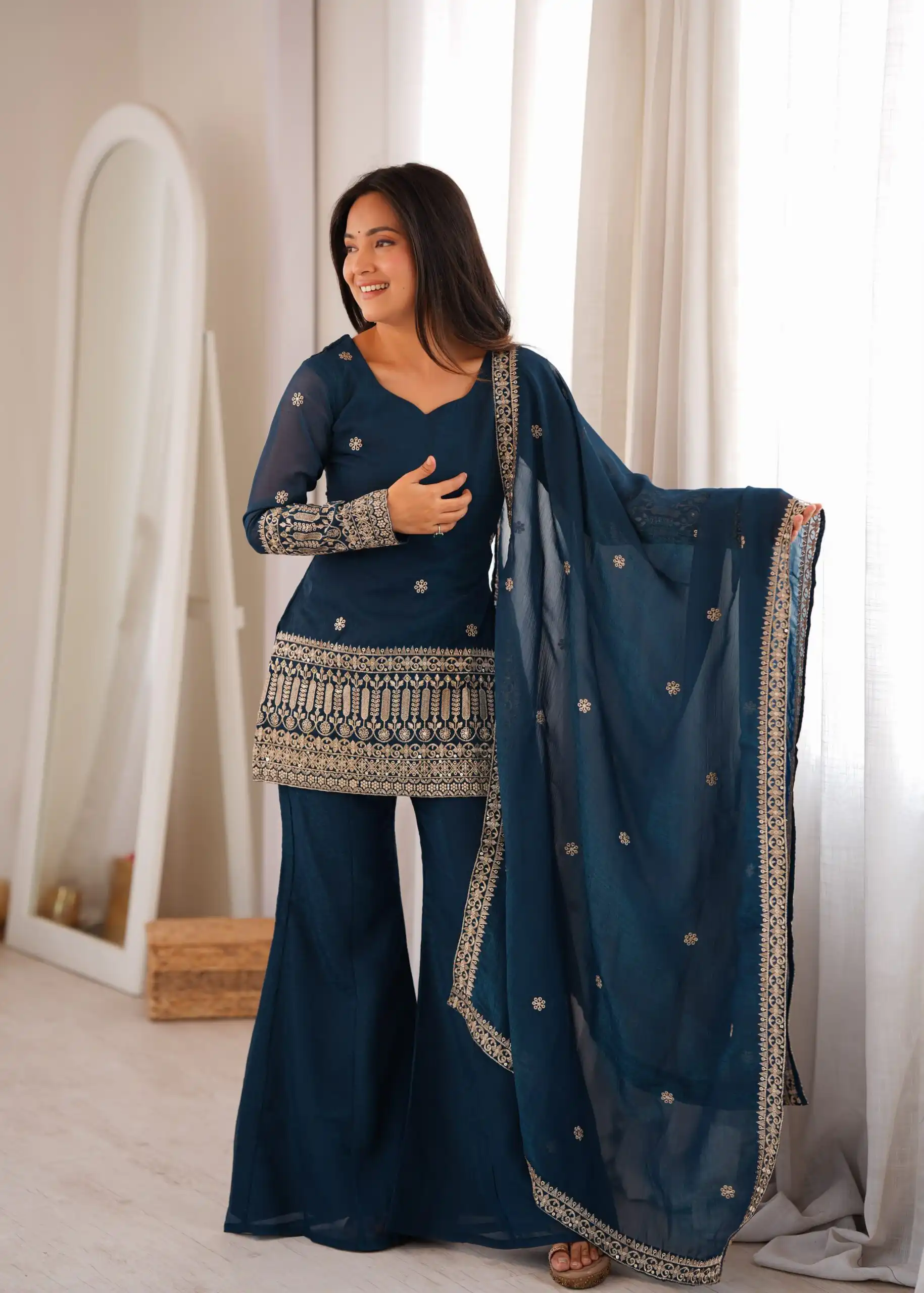 KB 309 Teal Blue | Teal Blue Crunchy Silk Salwar Suit with Sequins Work & Embroidery Work. Grab it for ₹2049. Delivery 4-6 Working Days. Shop now. | Jump Suits, Salwar suit, Casual Suits, Creative suits, Designer Suits, Palazzo Suits, Party Wear Suits, Patiala Suits, Straight Suits