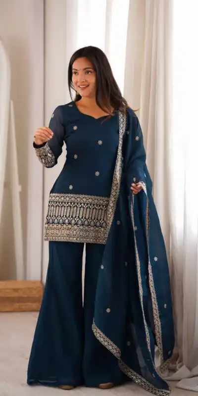 KB 309 Teal Blue | Teal Blue Crunchy Silk Salwar Suit with Sequins Work & Embroidery Work. Grab it for ₹2049. Delivery 4-6 Working Days. Shop now. | Jump Suits, Salwar suit, Casual Suits, Creative suits, Designer Suits, Palazzo Suits, Party Wear Suits, Patiala Suits, Straight Suits