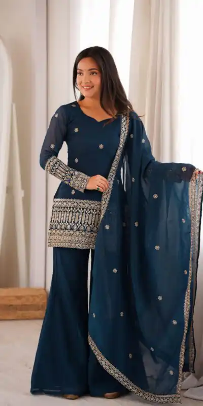 KB 309 Teal Blue | Teal Blue Crunchy Silk Salwar Suit with Sequins Work & Embroidery Work. Grab it for ₹2049. Delivery 4-6 Working Days. Shop now. | Jump Suits, Salwar suit, Casual Suits, Creative suits, Designer Suits, Palazzo Suits, Party Wear Suits, Patiala Suits, Straight Suits