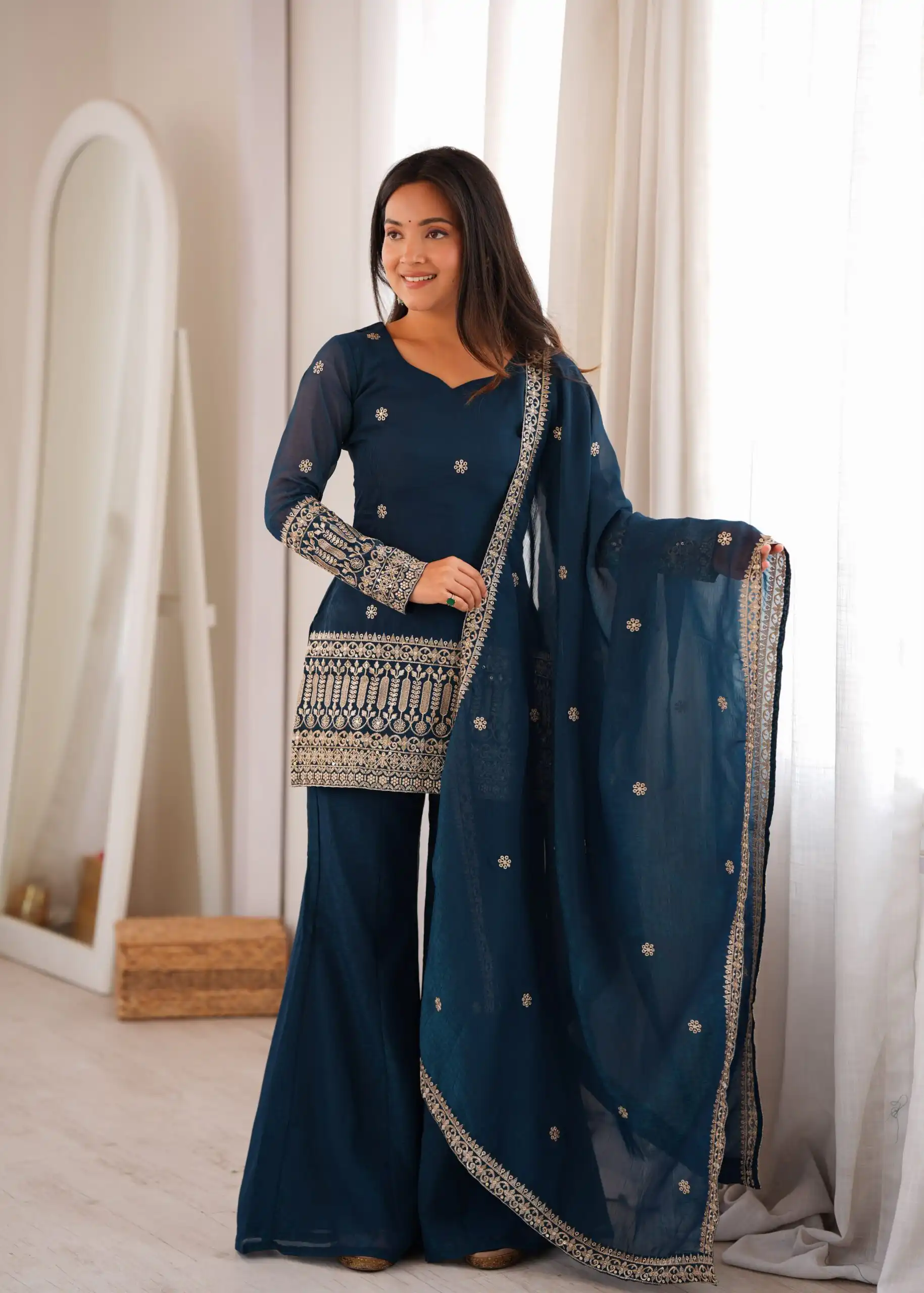 KB 309 Teal Blue | Teal Blue Crunchy Silk Salwar Suit with Sequins Work & Embroidery Work. Grab it for ₹2049. Delivery 4-6 Working Days. Shop now. | Jump Suits, Salwar suit, Casual Suits, Creative suits, Designer Suits, Palazzo Suits, Party Wear Suits, Patiala Suits, Straight Suits