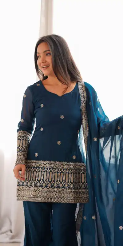 KB 309 Teal Blue | Teal Blue Crunchy Silk Salwar Suit with Sequins Work & Embroidery Work. Grab it for ₹2049. Delivery 4-6 Working Days. Shop now. | Jump Suits, Salwar suit, Casual Suits, Creative suits, Designer Suits, Palazzo Suits, Party Wear Suits, Patiala Suits, Straight Suits