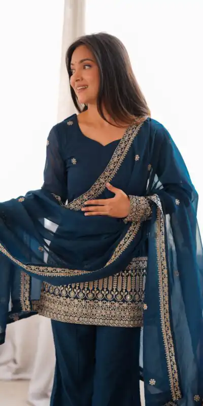 KB 309 Teal Blue | Teal Blue Crunchy Silk Salwar Suit with Sequins Work & Embroidery Work. Grab it for ₹2049. Delivery 4-6 Working Days. Shop now. | Jump Suits, Salwar suit, Casual Suits, Creative suits, Designer Suits, Palazzo Suits, Party Wear Suits, Patiala Suits, Straight Suits