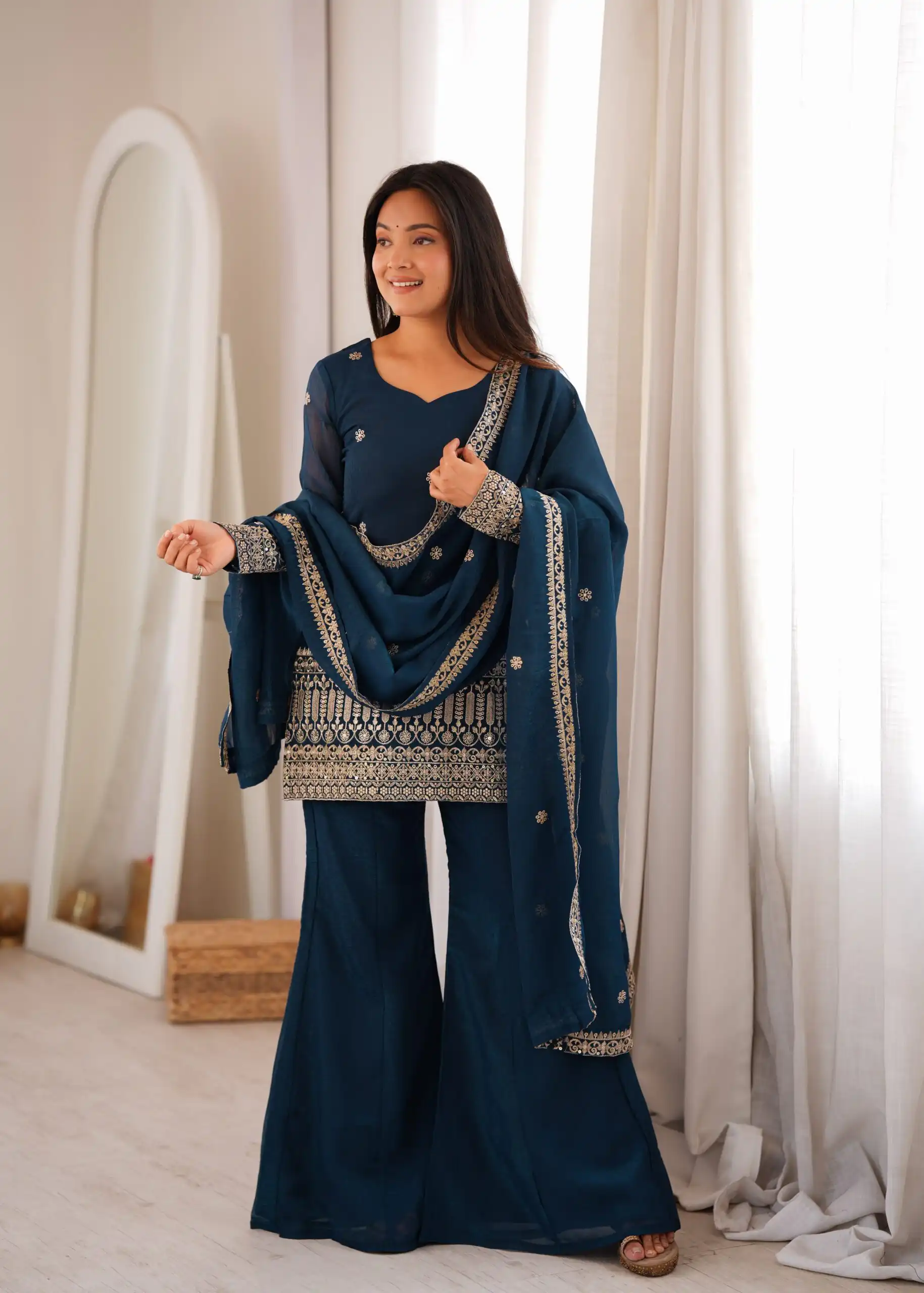 KB 309 Teal Blue | Teal Blue Crunchy Silk Salwar Suit with Sequins Work & Embroidery Work. Grab it for ₹2049. Delivery 4-6 Working Days. Shop now. | Jump Suits, Salwar suit, Casual Suits, Creative suits, Designer Suits, Palazzo Suits, Party Wear Suits, Patiala Suits, Straight Suits