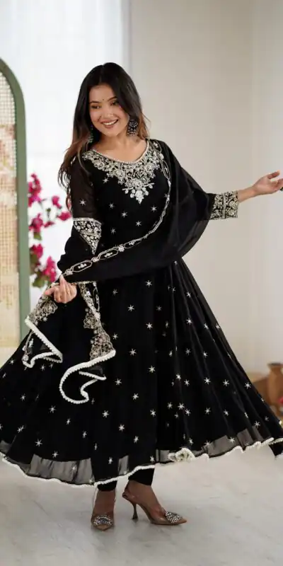 ZF 5012 Black Blooming Faux Gown with Embroidery Work. Wedding, Party, Festive, Events Grab it for ₹2149. Delivery 4-6 Working Days. Shop now. | Anarkali Suits, Bollywood Anarkali, Creative-Anarkali, Designer Anarkali, Embroidered Anarkali, Party Wear Anarkali
