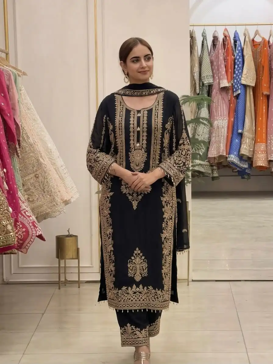 SR 1716 Black Colour Faux Georgette Salwar Suit with Lace Work. Introductory Price ₹2449. Delivery 4-6 Working Days. Shop now. | Jump Suits, Salwar suit, Casual Suits, Creative suits, Designer Suits, Palazzo Suits, Party Wear Suits, Patiala Suits, Straight Suits