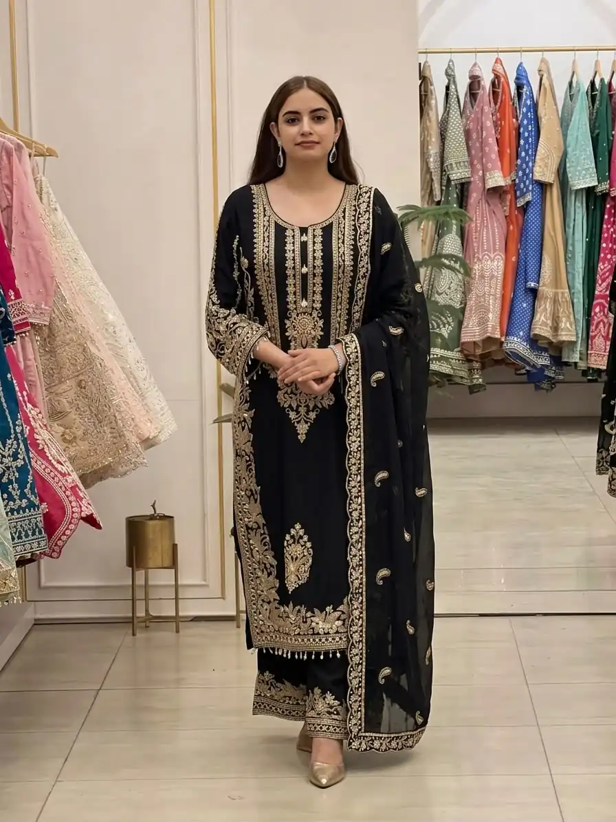 SR 1716 Black Colour Faux Georgette Salwar Suit with Lace Work. Introductory Price ₹2449. Delivery 4-6 Working Days. Shop now. | Jump Suits, Salwar suit, Casual Suits, Creative suits, Designer Suits, Palazzo Suits, Party Wear Suits, Patiala Suits, Straight Suits