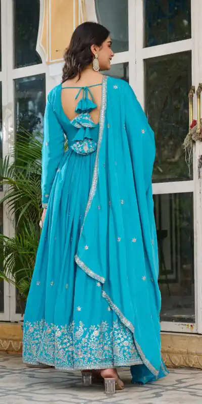 SP 08 Blue Color American Silk Gown with Designer Work. Exclusive Offer ₹2149. Delivery 4-6 Working Days. Online Shop now. | Gowns, Bollywood Gowns, Creative Gowns, Designer Gowns, Embroidered Gowns, Party Wear Gowns