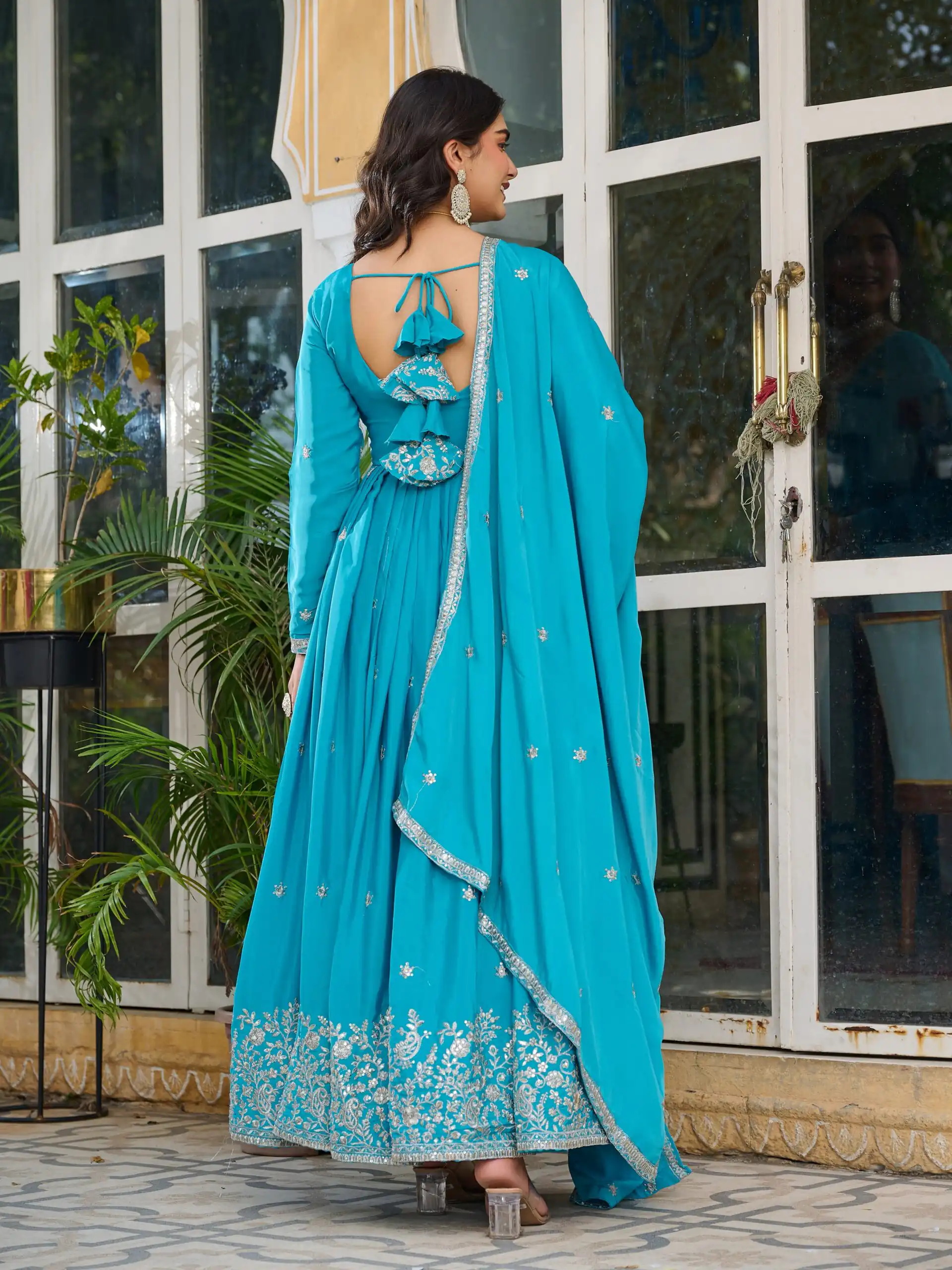 SP 08 Blue Color American Silk Gown with Designer Work. Exclusive Offer ₹2149. Delivery 4-6 Working Days. Online Shop now. | Gowns, Bollywood Gowns, Creative Gowns, Designer Gowns, Embroidered Gowns, Party Wear Gowns