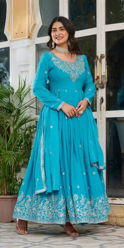 SP 08 Blue Color American Silk Gown with Designer Work. Exclusive Offer ₹2149. Delivery 4-6 Working Days. Online Shop now. | Gowns, Bollywood Gowns, Creative Gowns, Designer Gowns, Embroidered Gowns, Party Wear Gowns