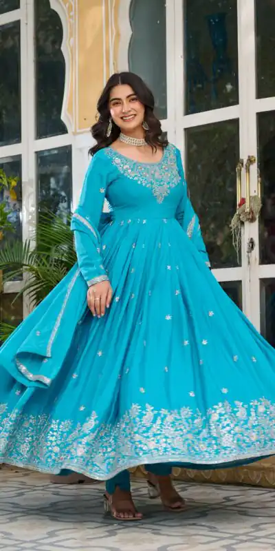 SP 08 Blue Color American Silk Gown with Designer Work. Exclusive Offer ₹2149. Delivery 4-6 Working Days. Online Shop now. | Gowns, Bollywood Gowns, Creative Gowns, Designer Gowns, Embroidered Gowns, Party Wear Gowns