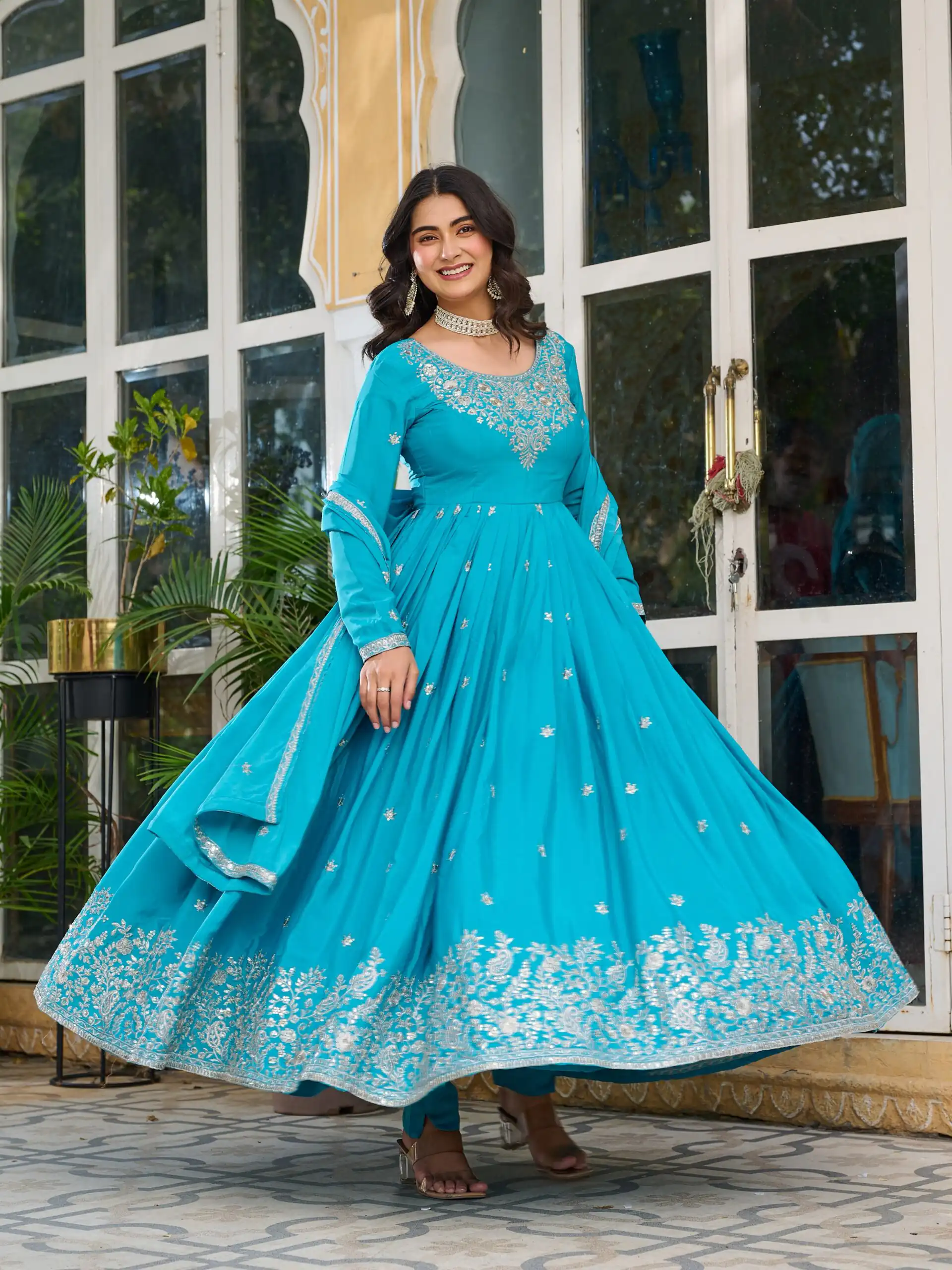 SP 08 Blue Color American Silk Gown with Designer Work. Exclusive Offer ₹2149. Delivery 4-6 Working Days. Online Shop now. | Gowns, Bollywood Gowns, Creative Gowns, Designer Gowns, Embroidered Gowns, Party Wear Gowns