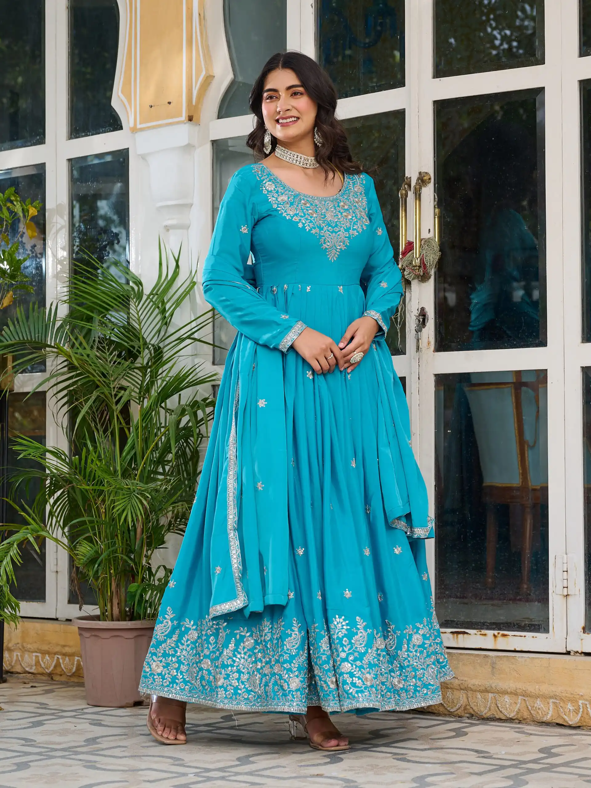 SP 08 Blue Color American Silk Gown with Designer Work. Exclusive Offer ₹2149. Delivery 4-6 Working Days. Online Shop now. | Gowns, Bollywood Gowns, Creative Gowns, Designer Gowns, Embroidered Gowns, Party Wear Gowns