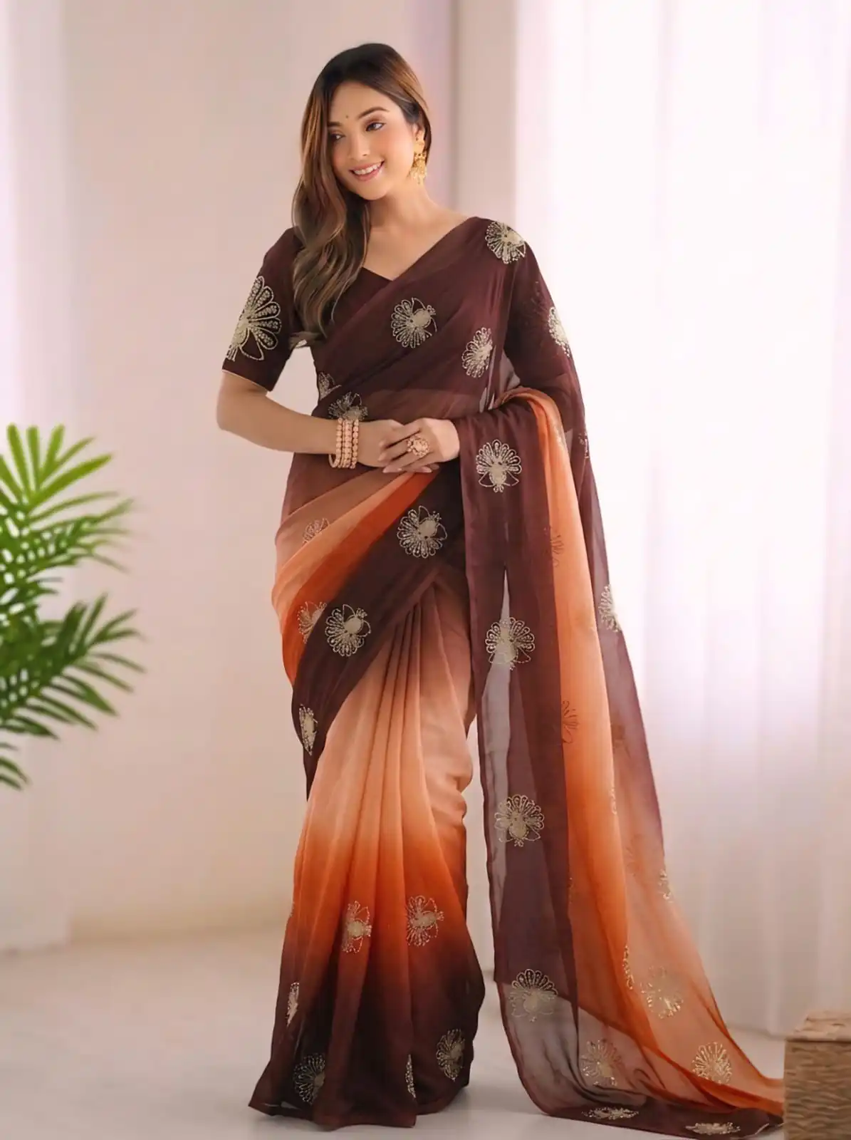 SC 1052 Brown Fendy Silk Saree Perfect for Wedding, Party, Baby Shower, Pongal, Housewarming – . Available at ₹1799 only. Delivery 4-6 Working Days. | Designer Sarees, Modern Digital sarees, Sarees, Bollywood Sarees, Creative Sarees, Embroidered Sarees, Ethnic Saree, Party Wear Sarees