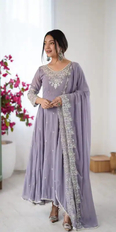 ZF 5012 Lavender Blooming Faux Gown with Embroidery Work. Wedding, Party, Festive, Events Grab it for ₹2149. Delivery 4-6 Working Days. Shop now. | Anarkali Suits, Bollywood Anarkali, Creative-Anarkali, Designer Anarkali, Embroidered Anarkali, Party Wear Anarkali