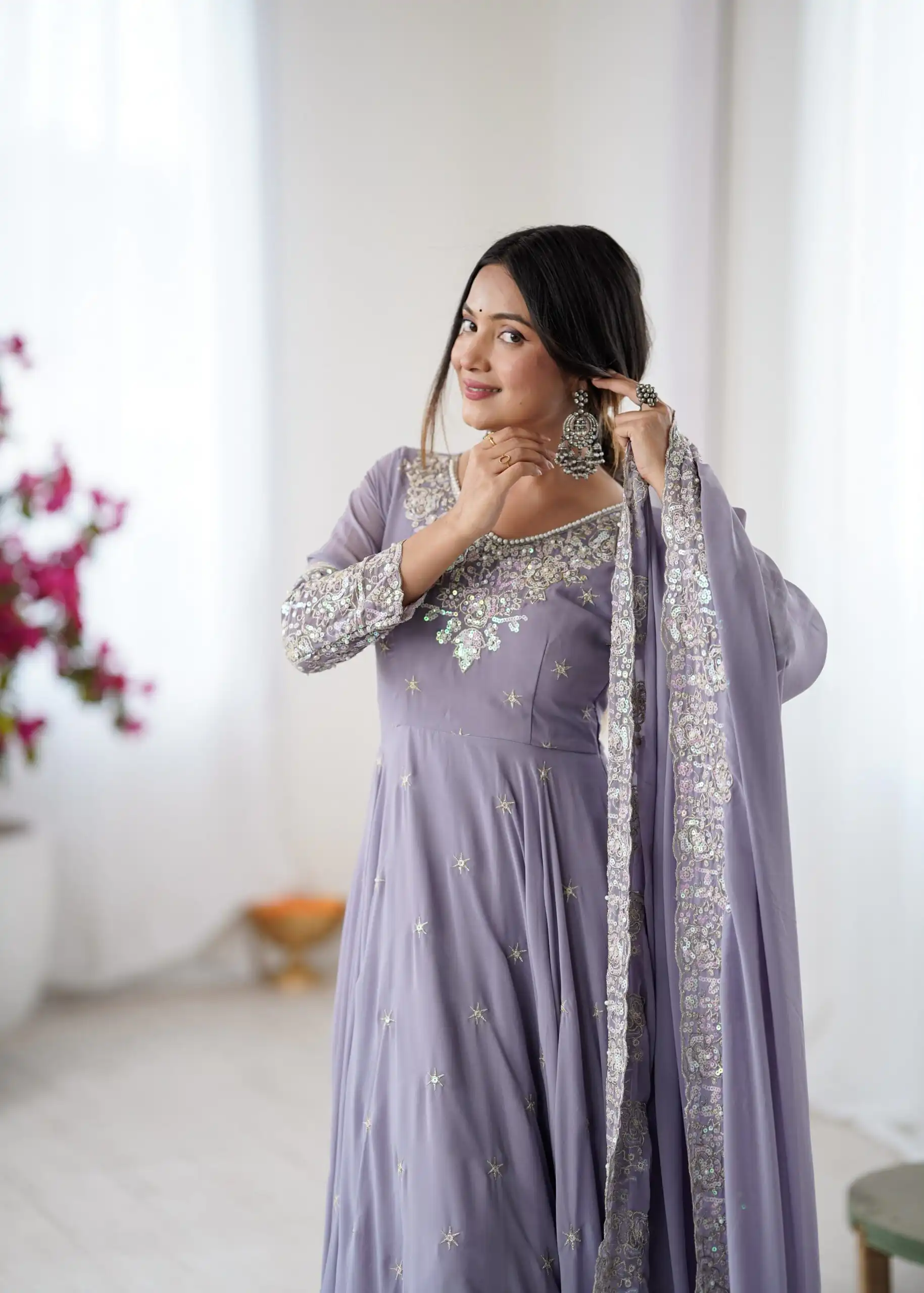ZF 5012 Lavender Blooming Faux Gown with Embroidery Work. Wedding, Party, Festive, Events Grab it for ₹2149. Delivery 4-6 Working Days. Shop now. | Anarkali Suits, Bollywood Anarkali, Creative-Anarkali, Designer Anarkali, Embroidered Anarkali, Party Wear Anarkali