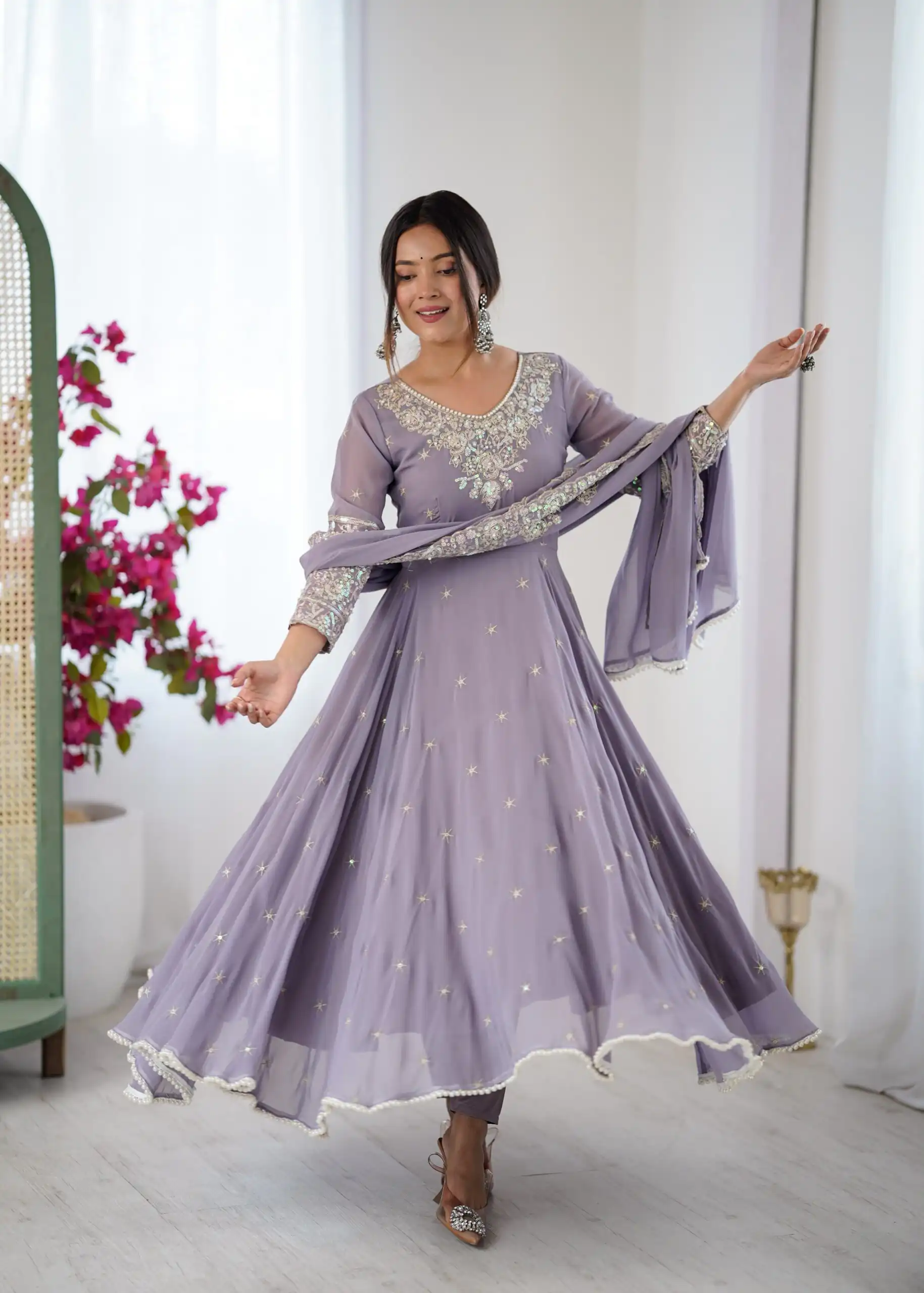 ZF 5012 Lavender Blooming Faux Gown with Embroidery Work. Wedding, Party, Festive, Events Grab it for ₹2149. Delivery 4-6 Working Days. Shop now. | Anarkali Suits, Bollywood Anarkali, Creative-Anarkali, Designer Anarkali, Embroidered Anarkali, Party Wear Anarkali
