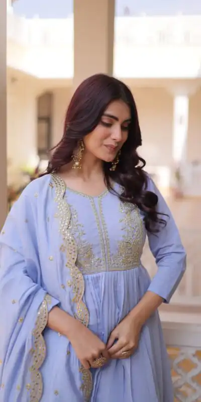 KA 1241 Lavender Roman Silk Gown. Perfect for Wedding, Party, Traditional Day, Sangeet, Pongal – Exclusive Offer ₹2599. Delivery 4-6 Working Days. Shop now | Gowns, Bollywood Gowns, Creative Gowns, Designer Gowns, Embroidered Gowns, Party Wear Gowns