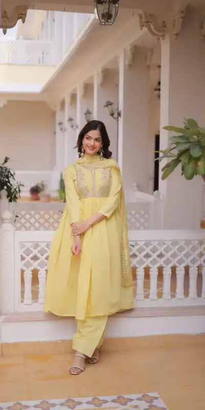 KA 1241 Lemon Yellow Roman Silk Gown. Perfect for Wedding, Party, Traditional Day, Sangeet, – Exclusive Offer ₹2599. Delivery 4-6 Working Days. Shop now | Gowns, Bollywood Gowns, Creative Gowns, Designer Gowns, Embroidered Gowns, Party Wear Gowns