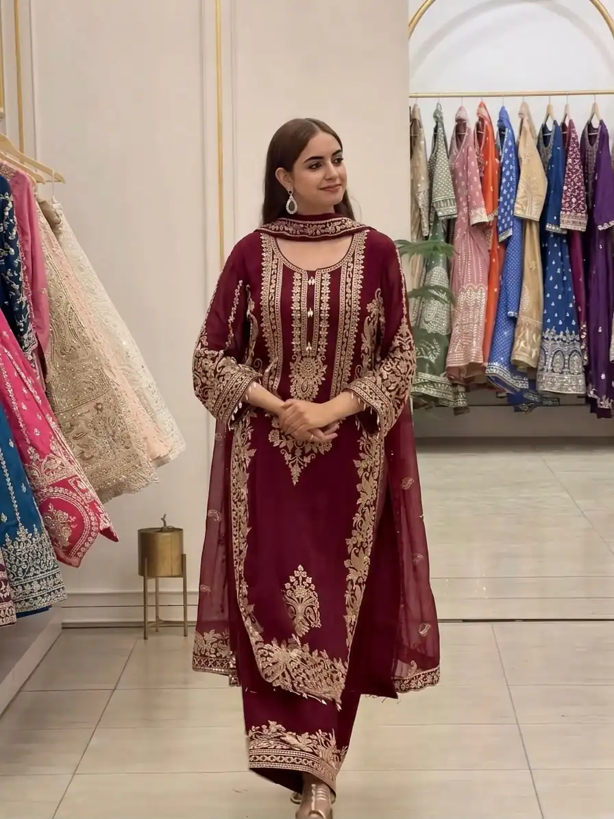 SR 1716 Maroon Colour Faux Georgette Salwar Suit with Lace Work. Introductory Price ₹2449. Delivery 4-6 Working Days. Shop now. | Jump Suits, Salwar suit, Casual Suits, Creative suits, Designer Suits, Palazzo Suits, Party Wear Suits, Patiala Suits, Straight Suits
