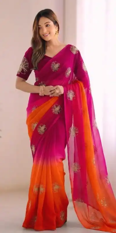 SC 1052 Orange Fendy Silk Saree Perfect for Wedding, Party, Baby Shower, Pongal, Housewarming – . Available at ₹1799 only. Delivery 4-6 Working Days. | Designer Sarees, Modern Digital sarees, Sarees, Bollywood Sarees, Creative Sarees, Embroidered Sarees, Ethnic Saree, Party Wear Sarees
