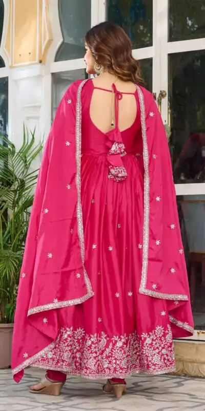SP 08 Pink Color American Silk Gown with Designer Work. Exclusive Offer ₹2149. Delivery 4-6 Working Days. Online Shop now. | Gowns, Bollywood Gowns, Creative Gowns, Designer Gowns, Embroidered Gowns, Party Wear Gowns