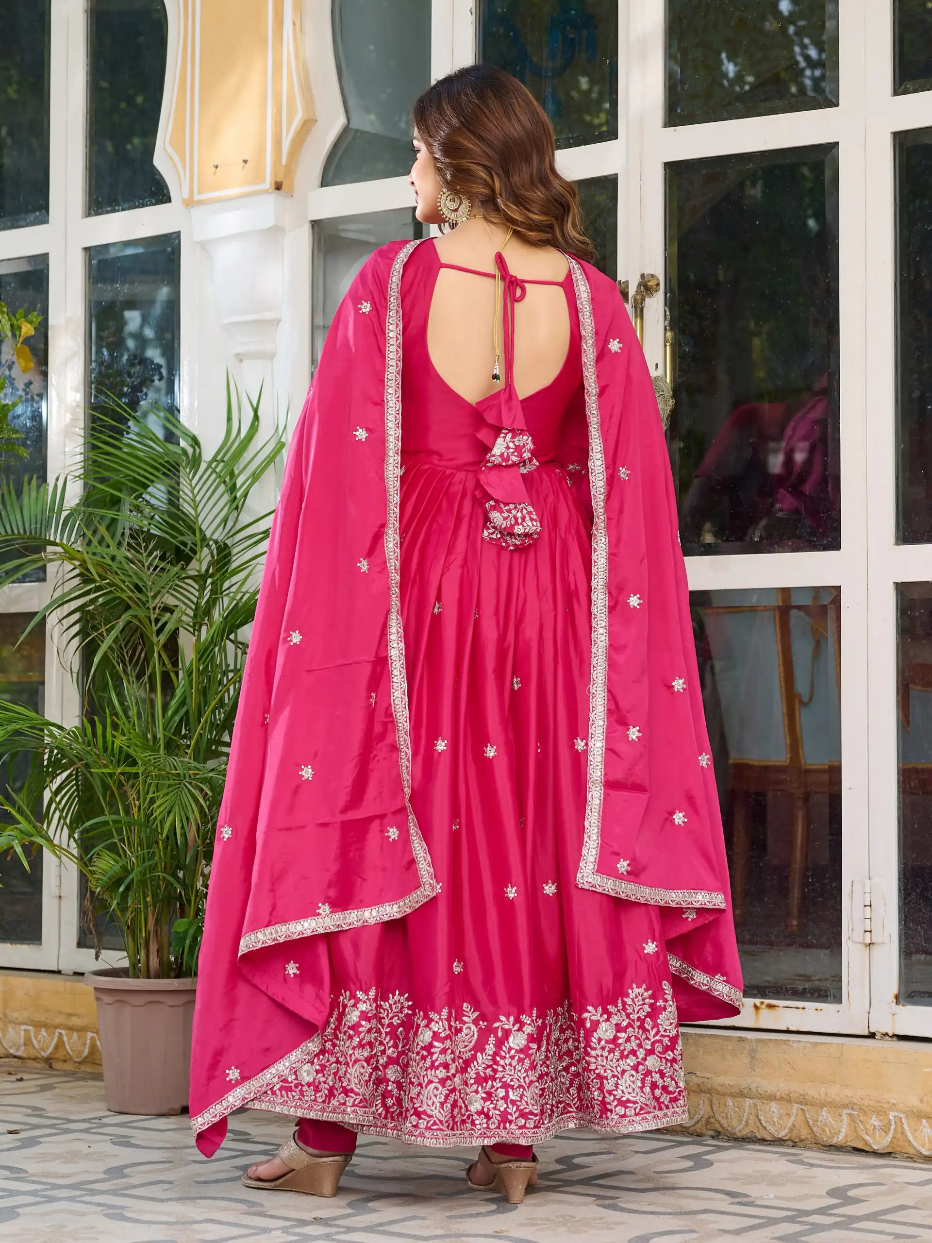 SP 08 Pink Color American Silk Gown with Designer Work. Exclusive Offer ₹2149. Delivery 4-6 Working Days. Online Shop now. | Gowns, Bollywood Gowns, Creative Gowns, Designer Gowns, Embroidered Gowns, Party Wear Gowns