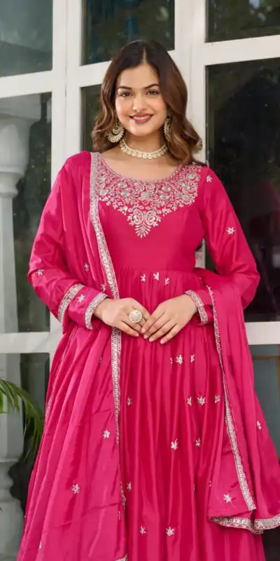 SP 08 Pink Color American Silk Gown with Designer Work. Exclusive Offer ₹2149. Delivery 4-6 Working Days. Online Shop now. | Gowns, Bollywood Gowns, Creative Gowns, Designer Gowns, Embroidered Gowns, Party Wear Gowns
