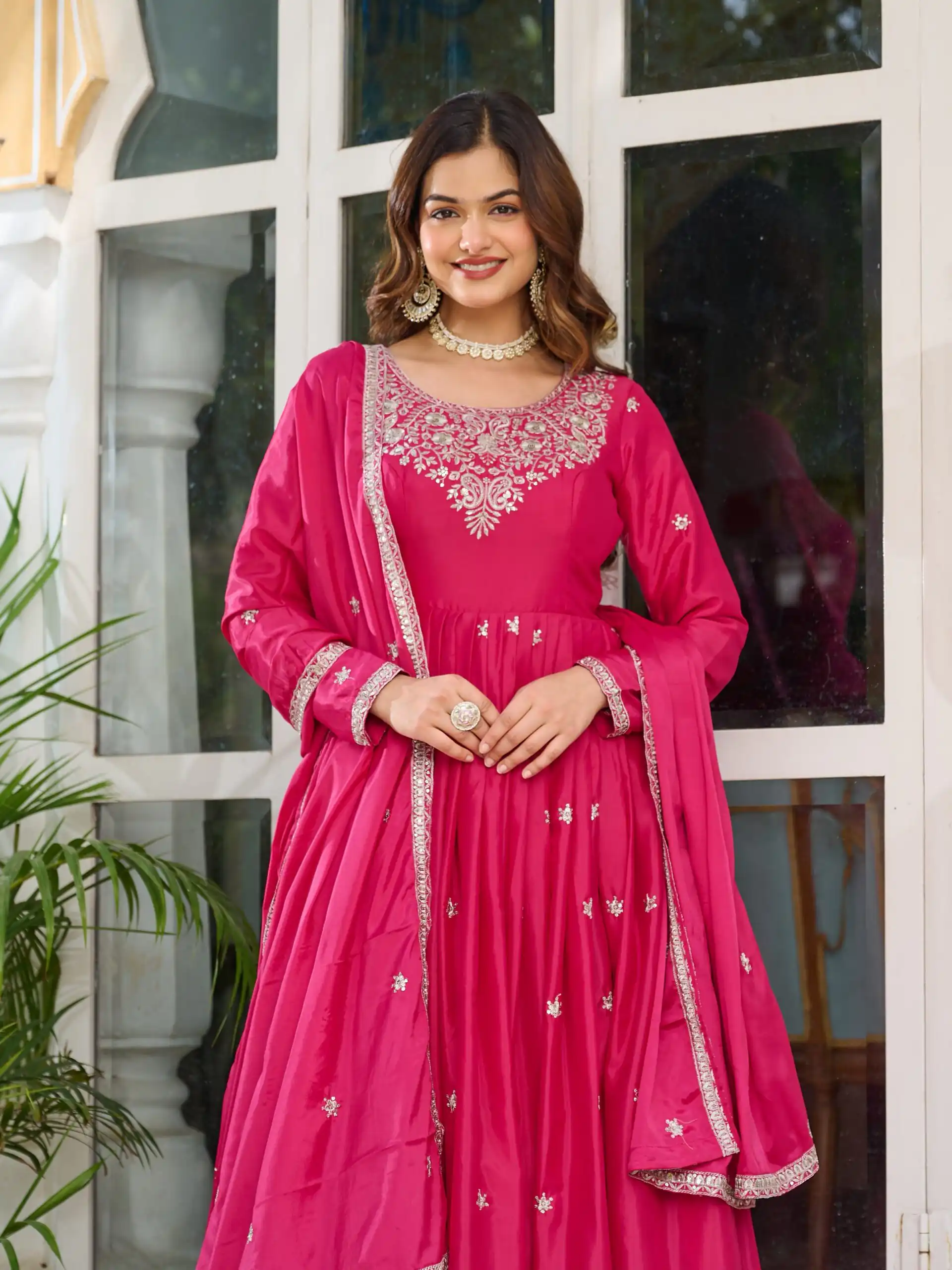 SP 08 Pink Color American Silk Gown with Designer Work. Exclusive Offer ₹2149. Delivery 4-6 Working Days. Online Shop now. | Gowns, Bollywood Gowns, Creative Gowns, Designer Gowns, Embroidered Gowns, Party Wear Gowns