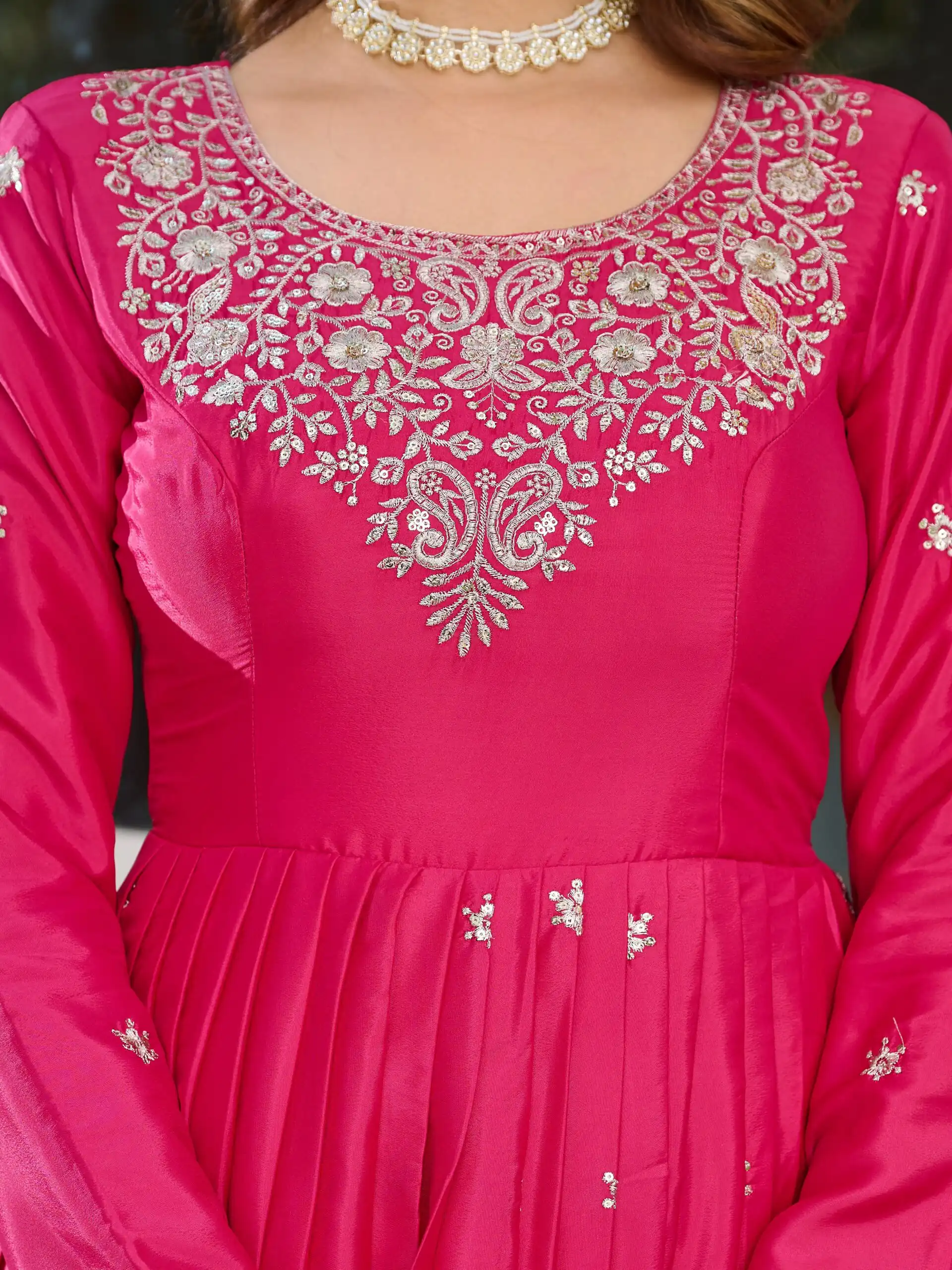 SP 08 Pink Color American Silk Gown with Designer Work. Exclusive Offer ₹2149. Delivery 4-6 Working Days. Online Shop now. | Gowns, Bollywood Gowns, Creative Gowns, Designer Gowns, Embroidered Gowns, Party Wear Gowns