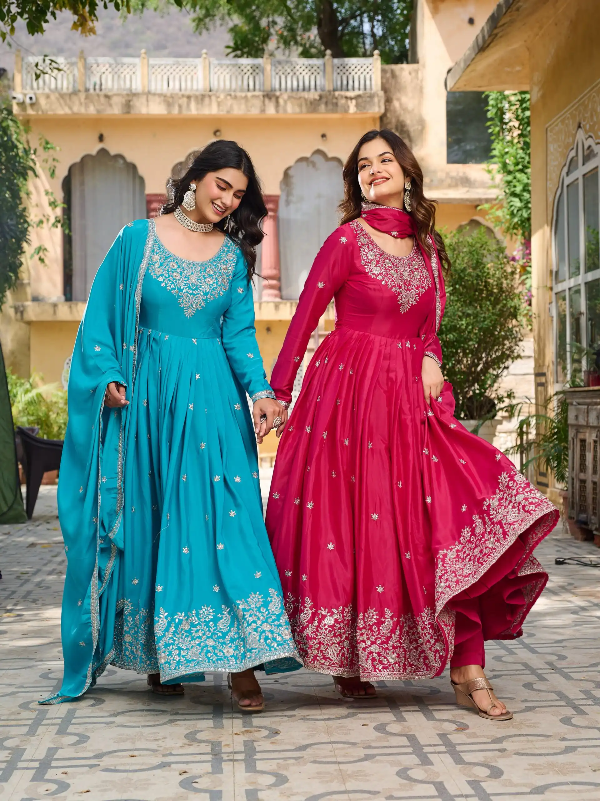 SP 08 Pink Color American Silk Gown with Designer Work. Exclusive Offer ₹2149. Delivery 4-6 Working Days. Online Shop now. | Gowns, Bollywood Gowns, Creative Gowns, Designer Gowns, Embroidered Gowns, Party Wear Gowns