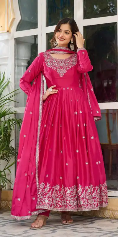 SP 08 Pink Color American Silk Gown with Designer Work. Exclusive Offer ₹2149. Delivery 4-6 Working Days. Online Shop now. | Gowns, Bollywood Gowns, Creative Gowns, Designer Gowns, Embroidered Gowns, Party Wear Gowns