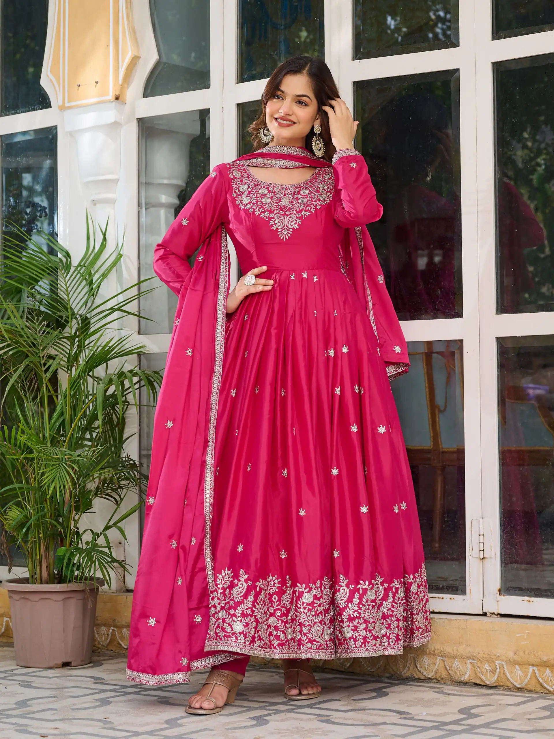 SP 08 Pink Color American Silk Gown with Designer Work. Exclusive Offer ₹2149. Delivery 4-6 Working Days. Online Shop now. | Gowns, Bollywood Gowns, Creative Gowns, Designer Gowns, Embroidered Gowns, Party Wear Gowns